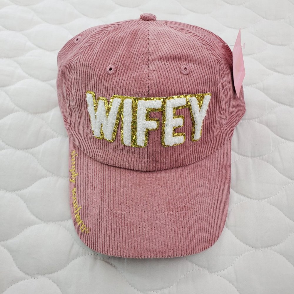 SIMPLY SOUTHERN Sparkle Puff Letter WIFEY Pink Corduroy Baseball Cap Hat NEW